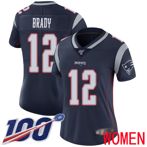 New England Patriots Football #12 Vapor Untouchable 100th Season Limited Navy Blue Women Tom Brady Home NFL Jersey